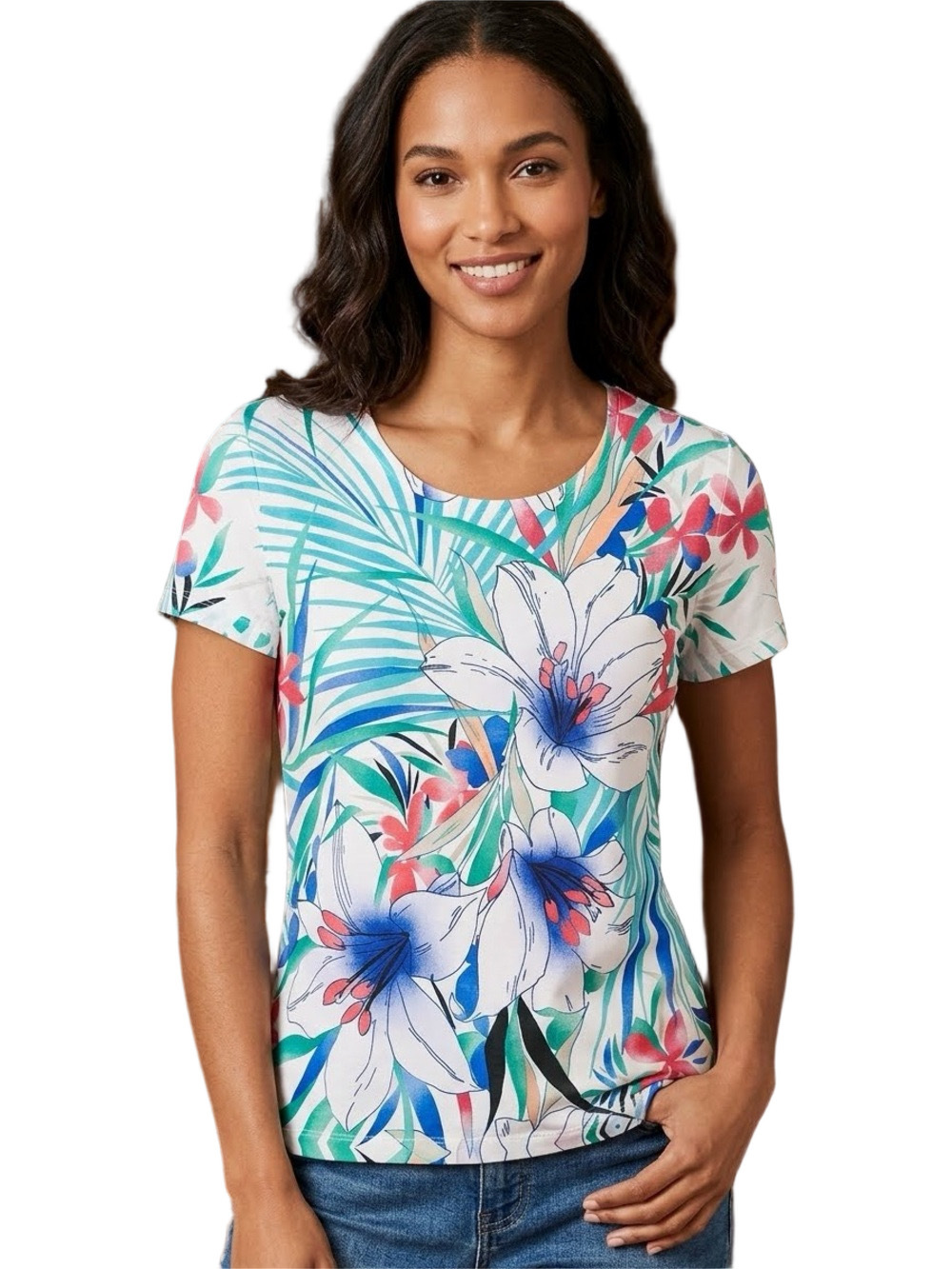 Chico's Lightweight Floral Tropical Short-Sleeve Tee White Blue & Pink Size S